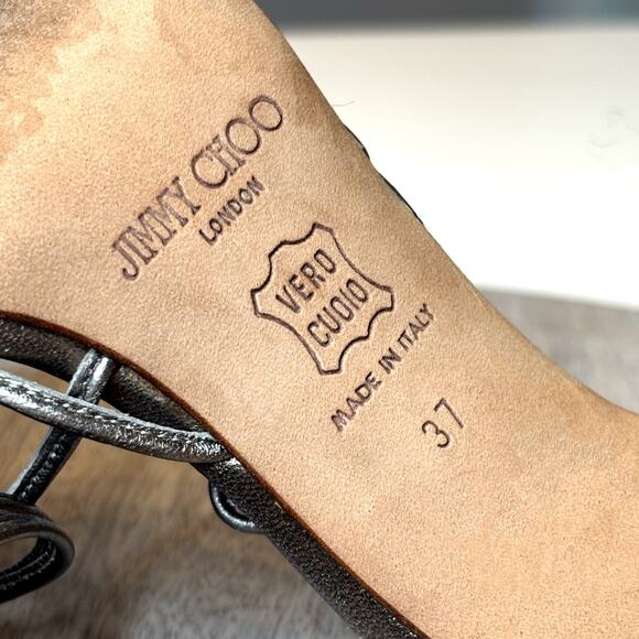 Jimmy Choo Metallic Pewter Strappy Heels EU 37 Italy Leather Sandals Sexy US 7 - Picture 10 of 10